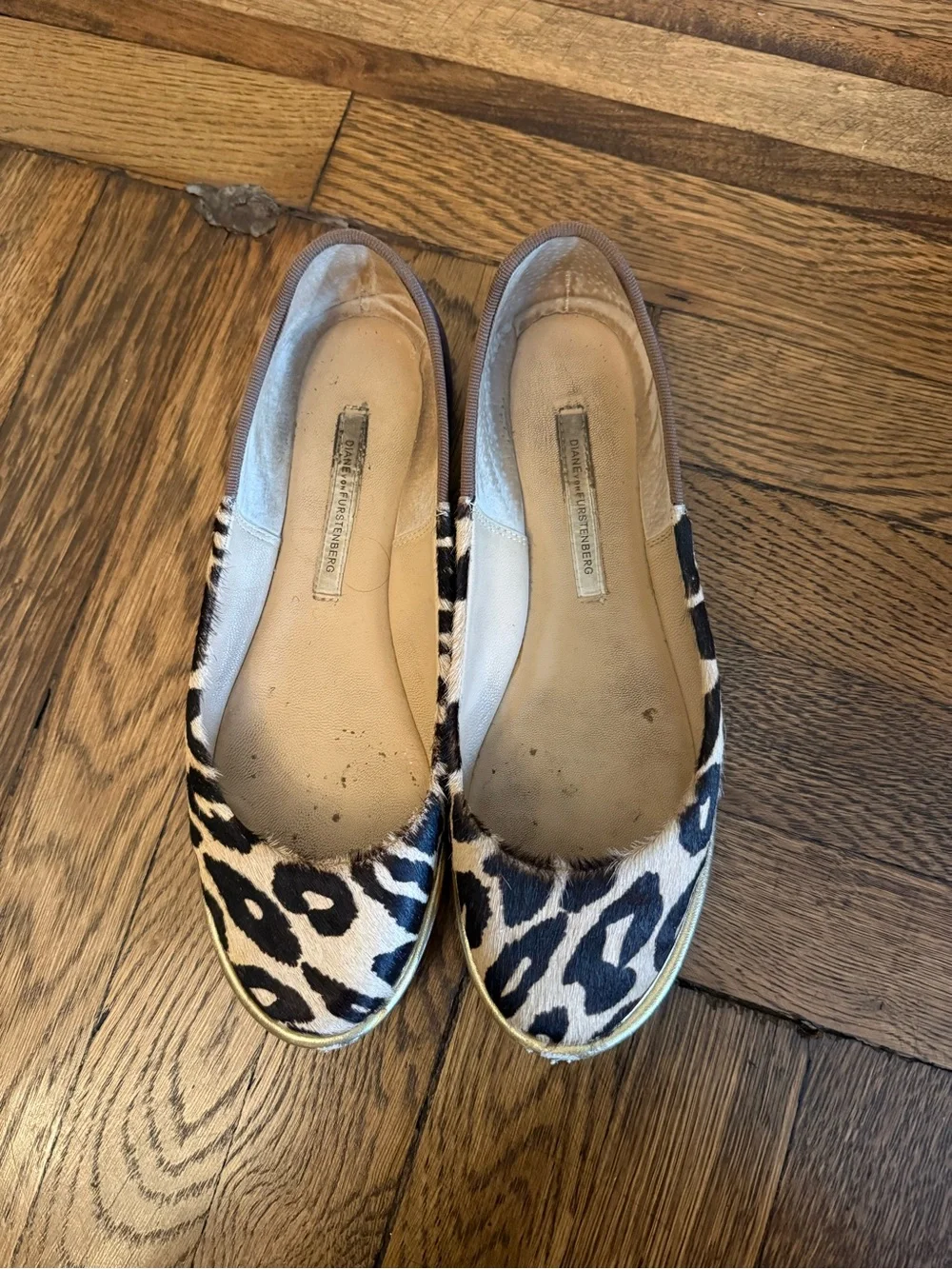 DVF Leopard Print Women's Ballet Flats with Navy Leather Heel + Gold Trim